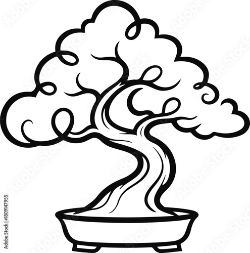 Monoline bonsai tree with exaggerated negative space and a single curved stroke forming both the trunk and canopy outline