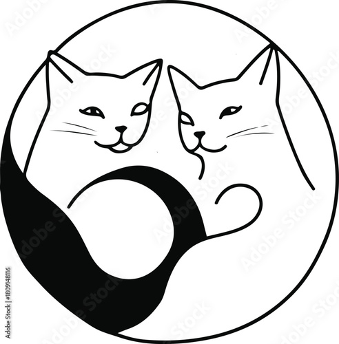 Simple one-line drawing of two cats intertwined in a yin-yang inspired composition