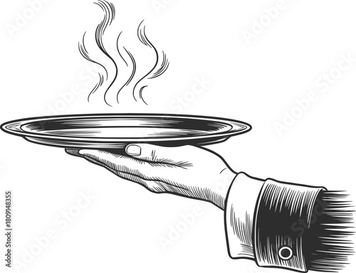 Vintage Waiter Hand Holding Hot Serving Plate Illustration.