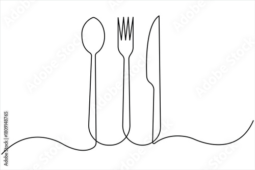 One continuous line art drawing of food tools. fork, spoon and knife for decoration restaurant menu linear design vector illustration
