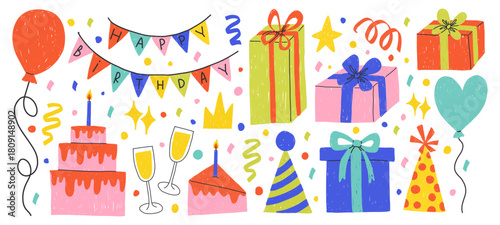 Colorful birthday doodle vector set featuring festive elements such as cakes, balloons, presents, confetti, party hats, garlands, stars, and champagne glasses. Hand-drawn playful style perfect for gre