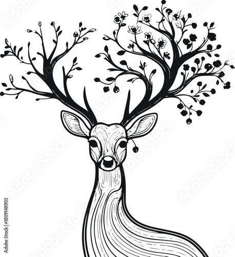  Single continuous line forming a deer whose antlers transform into a blooming tree — symbol of life and renewal 1