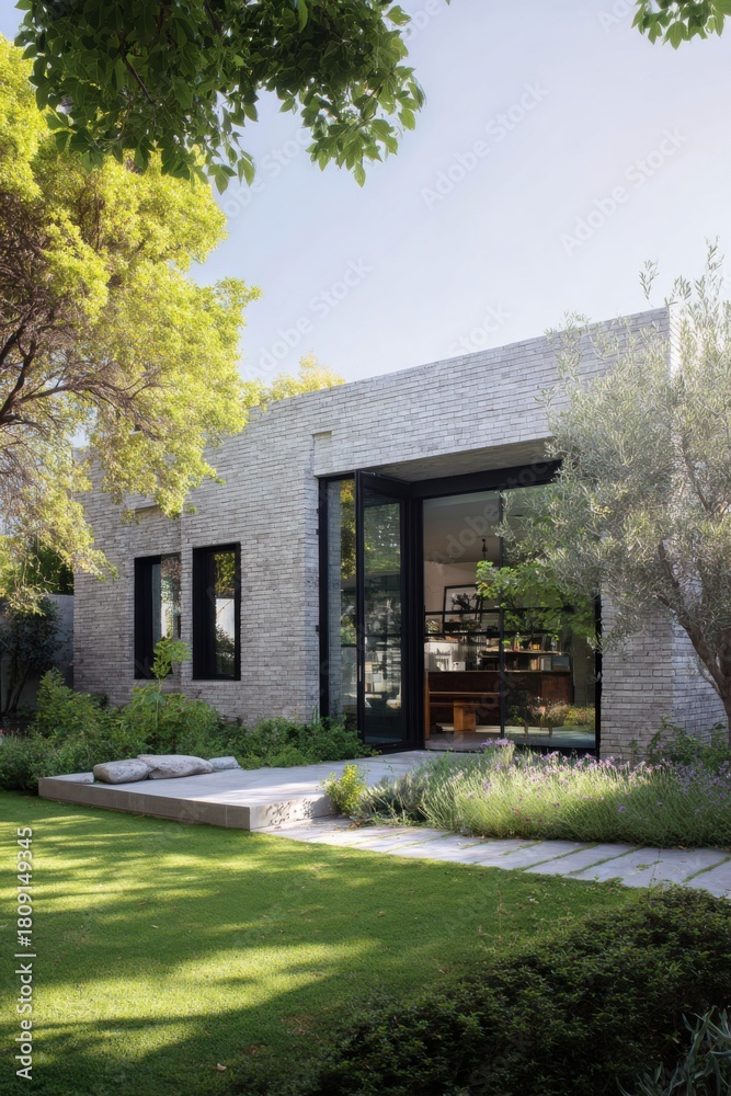 Fototapeta premium The contemporary architectural style of the house features expansive windows that invite ample sunlight, perfectly complementing the natural landscaping of a peaceful garden.
