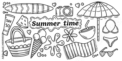 Doodle summer beach vacation elements set.  Hand drawn black and white summer time collection