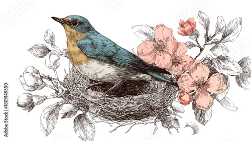 Exquisite Perching Bird Resting on Floral Nest with Blossoms