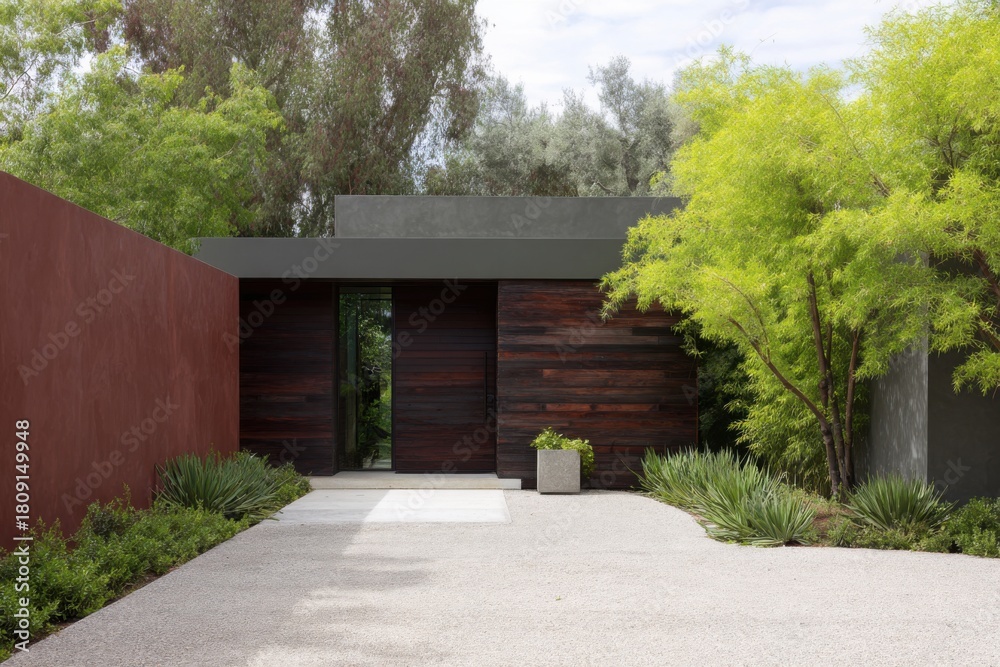 Fototapeta premium Modern architectural design of a private residence entrance set in a lush landscape featuring distinct greenery and textured materials at midday