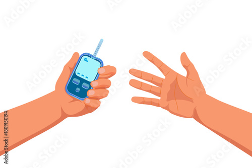 Glucose meter in hand, another hand reaching to take it or for checkup. Diabetes, medical concept