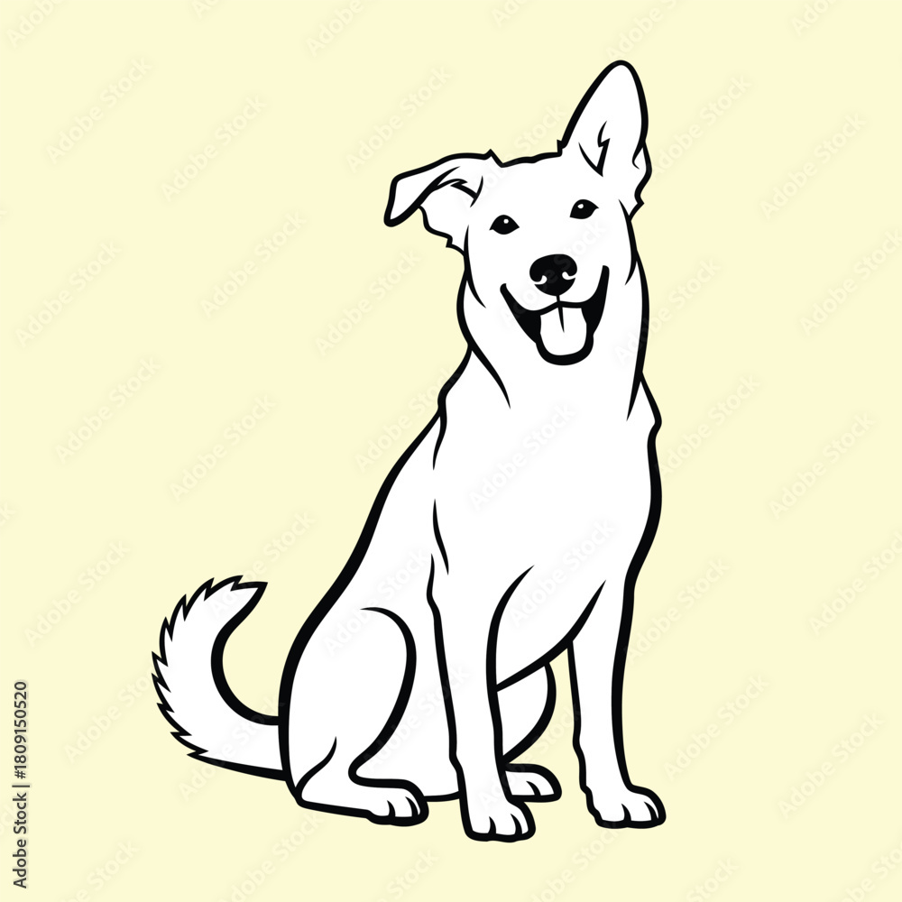 Fototapeta premium White dog sitting with tongue out on pale yellow background.eps