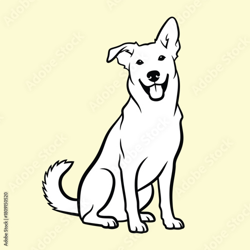 White dog sitting with tongue out on pale yellow background.eps