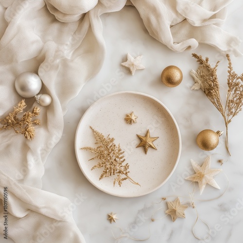 Boho Christmas Flatlay, Neutral Tones and Golden Accents on Marble