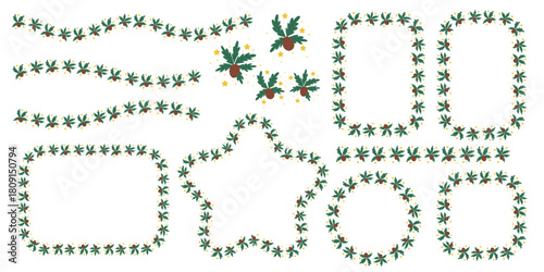 A set of festive frames and outlines of Christmas trees and pine cones with stars