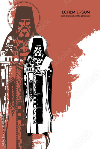 Religious vintage poster template with Saint Simeon Popovic (Dajbabe). Christian illustration in Byzantine style