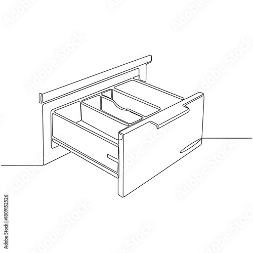 Open drawer with compartments in black and white line art style