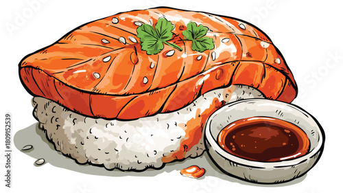 Cute Cartoon Salmon Sushi in Shoyu Sauce - Delicious Japanese Cuisine Illustration