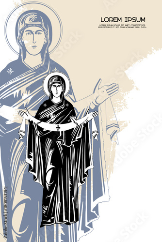 Religious vintage poster template with Intercession of the Theotokos. Christian illustration in Byzantine style
