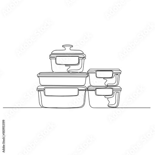 Stack of food containers in black and white line art style