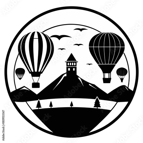 Hot air balloons flying over a mountainous landscape with a tower silhouette isolated on white background isolated on transparent background