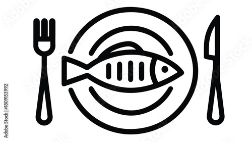 Elegant Fish Plate with Cutlery Line Icon on Seafood Theme