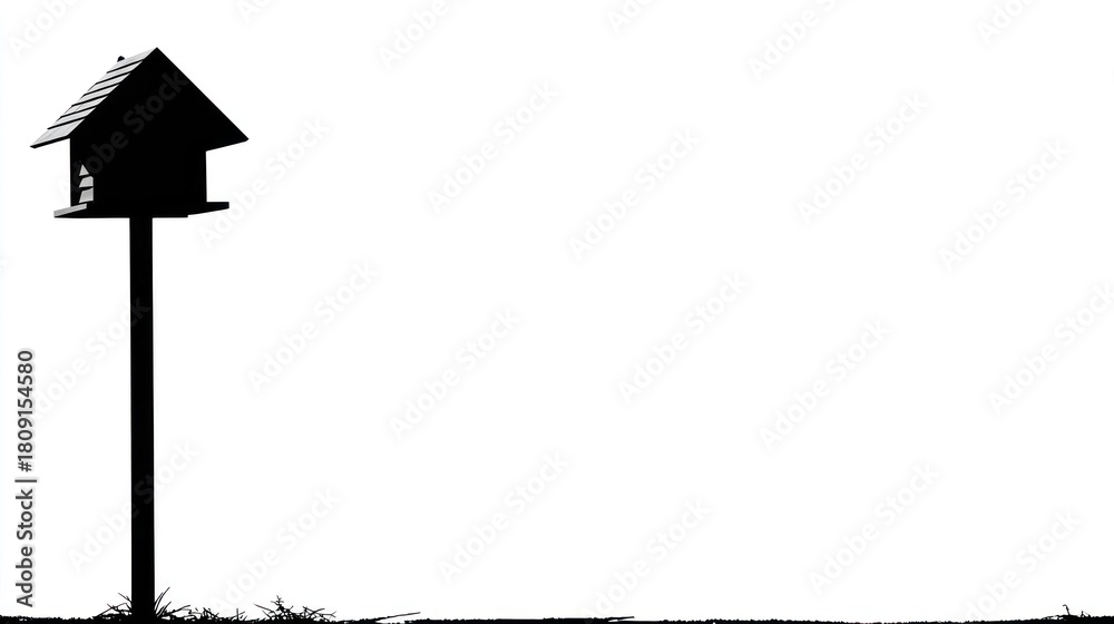 Obraz premium Silhouette of a birdhouse on a pole against a bright white background