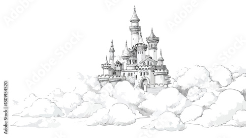 Enchanting Fairy Tale Castle in the Clouds with Outline, Isolated Vector Illustration