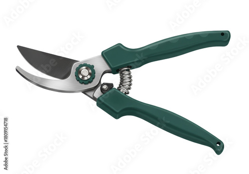 Isolated secateurs, a hand pruner for gardening with green grip and metallic blades stock photo