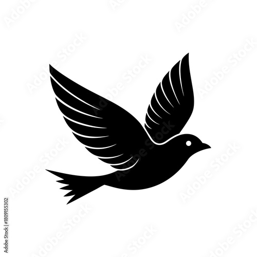 Black bird flying icon silhouette, symbol of peace and freedom.