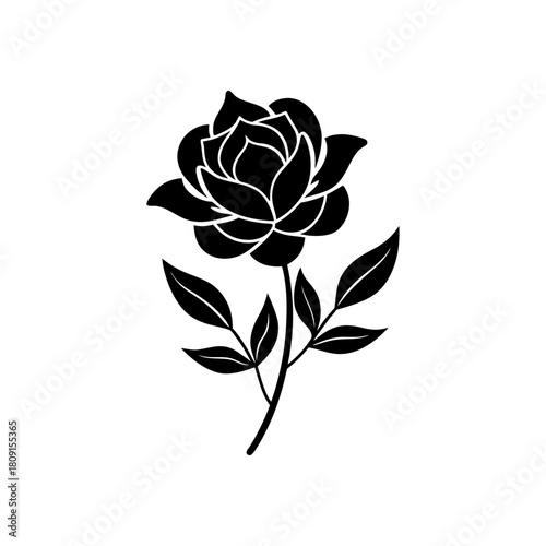 Single black rose silhouette illustration with stem and leaves element.