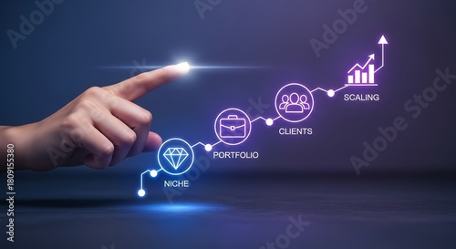 Hand pointing at glowing business growth diagram with niche portfolio clients scaling