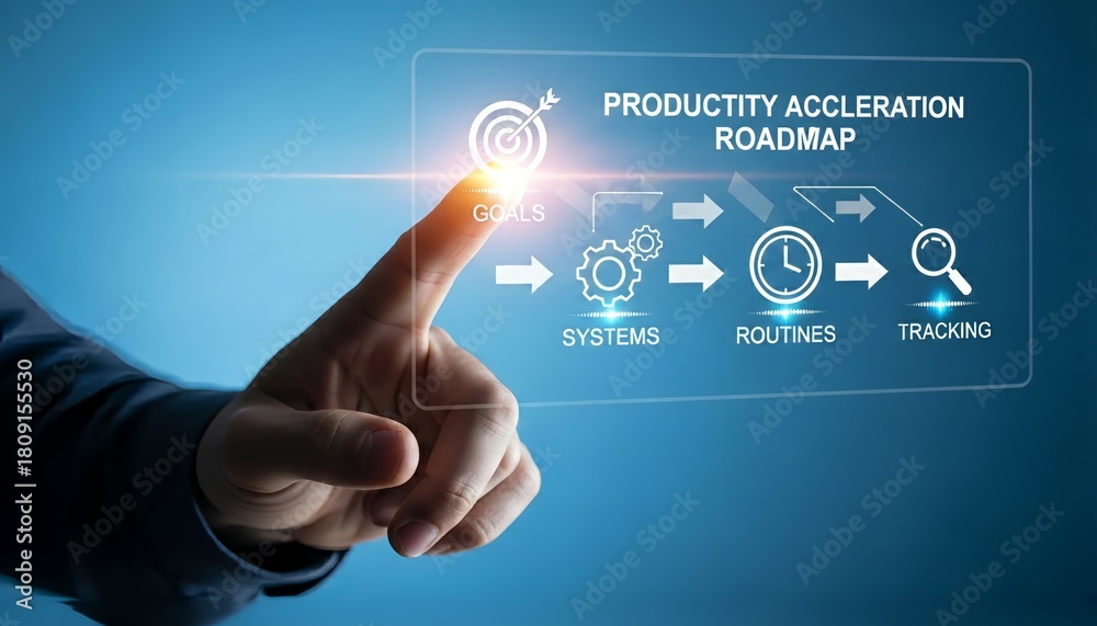 Fototapeta premium Hand touching a productivity acceleration roadmap interface with goals and systems steps