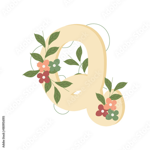 Illustration of the letter Q in flat style, decorated with colorful flowers and green leaves, creating a delicate and botanical look. Ideal for monograms, invitations, and personalized stationery.