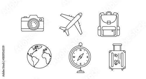 Travel and Adventure A Set of Black and White Icons Featuring a Camera, Airplane, and More