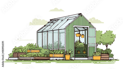 Greenhouse with Rows of Growing Vegetables Vector Illustration