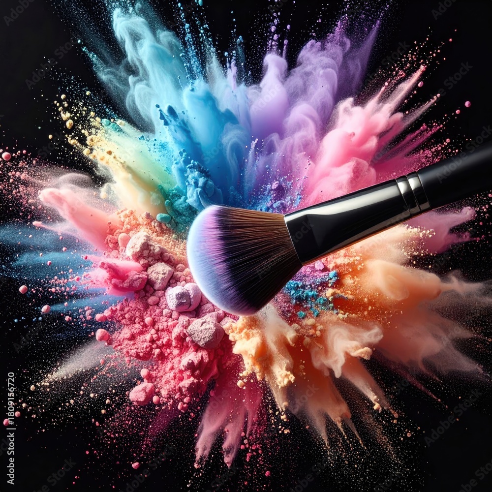 Fototapeta premium Makeup brush in colorful powder explosion