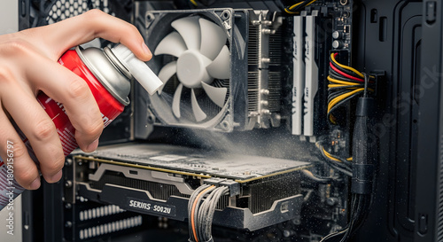 Compressed air cleaning a dusty PC for maintenance, Cleaning a very dirty computer with an air duster, inside a computer case