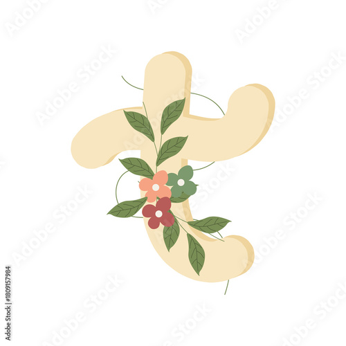 Illustration of the letter T in flat style, decorated with colorful flowers and green leaves, creating a delicate and botanical look. Ideal for monograms, invitations, and personalized stationery.