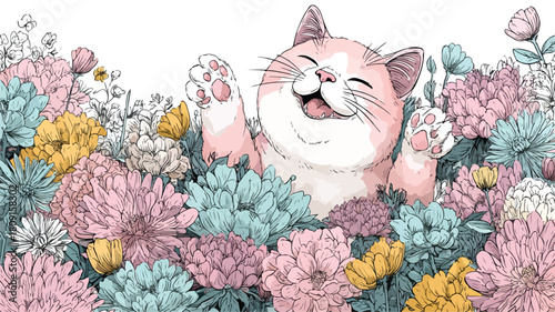 Happy Cat Playing in Colorful Garden Vector Illustration