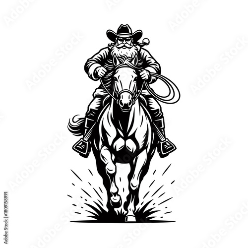 1 color black and white simple graphic of santa riding horse back charging directly at the camera wearing a western hat. Frontal view. Low camera angle.
