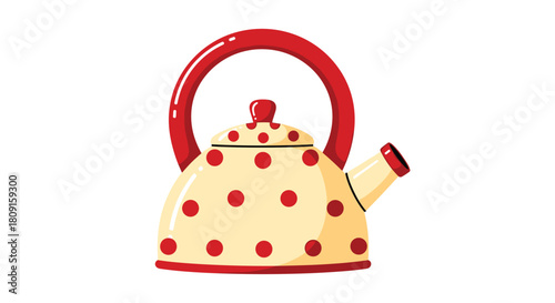 An adorable cartoon illustration of a cream stovetop kettle featuring vibrant red polka dots, a matching red handle, and a decorative lid, isolated on white.