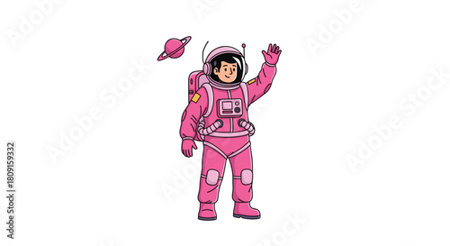 A friendly cartoon astronaut in a pink suit smiles and waves, with a pink ringed planet floating above.