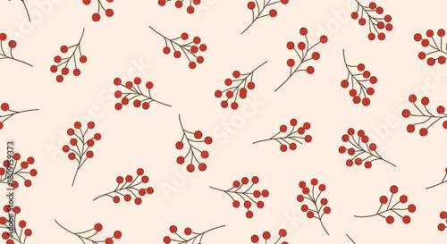 Seamless pattern with hand-drawn red berry branches scattered across a light beige background, perfect for festive and natural designs.