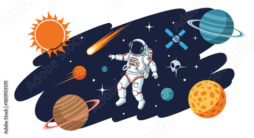 An astronaut floats in outer space surrounded by planets, the sun, a comet, a satellite, and an alien, representing cosmic exploration.