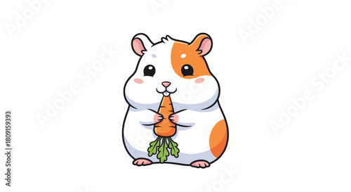 Adorable cartoon hamster with orange and white fur happily nibbling on a fresh carrot with green leaves.