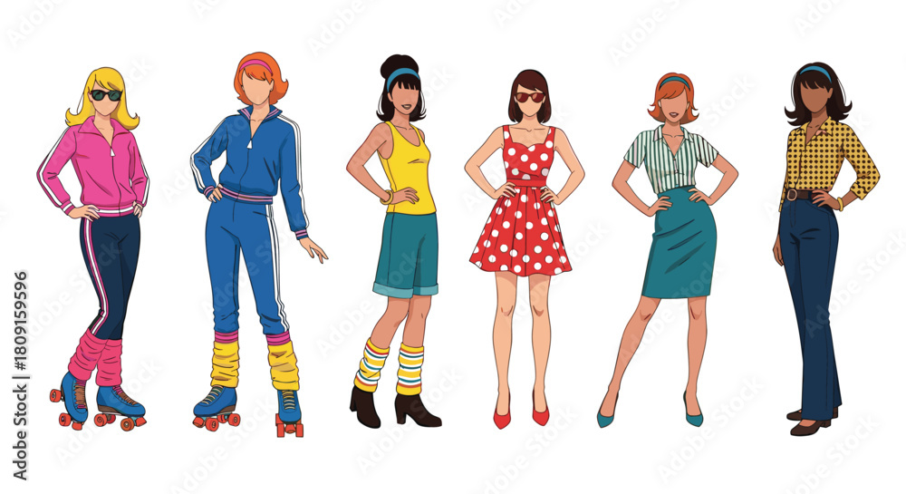 Obraz premium A group of six diverse women showcasing various retro fashion styles from the 1960s, 1970s, and 1980s, from activewear to casual dresses.