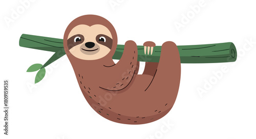 A cheerful cartoon sloth with a big smile happily hangs upside down from a green tree branch against a clean white background.