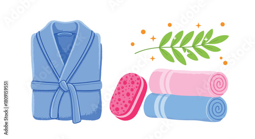 Relaxing bath and spa essentials including a blue bathrobe, pink sponge, and rolled towels, complemented by a fresh green branch, isolated on white.