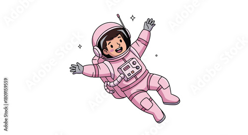 A happy cartoon child astronaut in a pink spacesuit floats in zero gravity, exploring the vastness of space with a joyful expression.