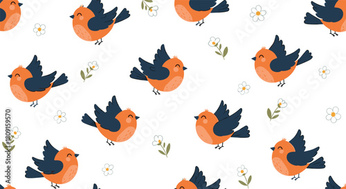 Cute cartoon orange and blue birds with tiny white flowers create a cheerful seamless pattern on a clean white background.