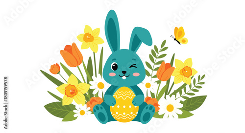 A cheerful blue Easter bunny winks, holding a yellow egg amidst vibrant spring flowers like daffodils, tulips, and daisies, with a butterfly.