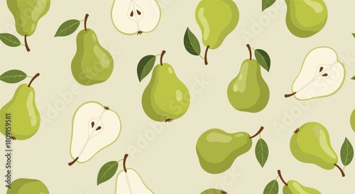 A refreshing and natural seamless pattern of green pears, including whole fruits and cross-sections, arranged artfully on a light background.