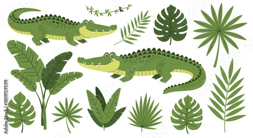 Charming cartoon crocodiles with open smiles, surrounded by a vibrant collection of lush tropical leaves and exotic jungle plants.